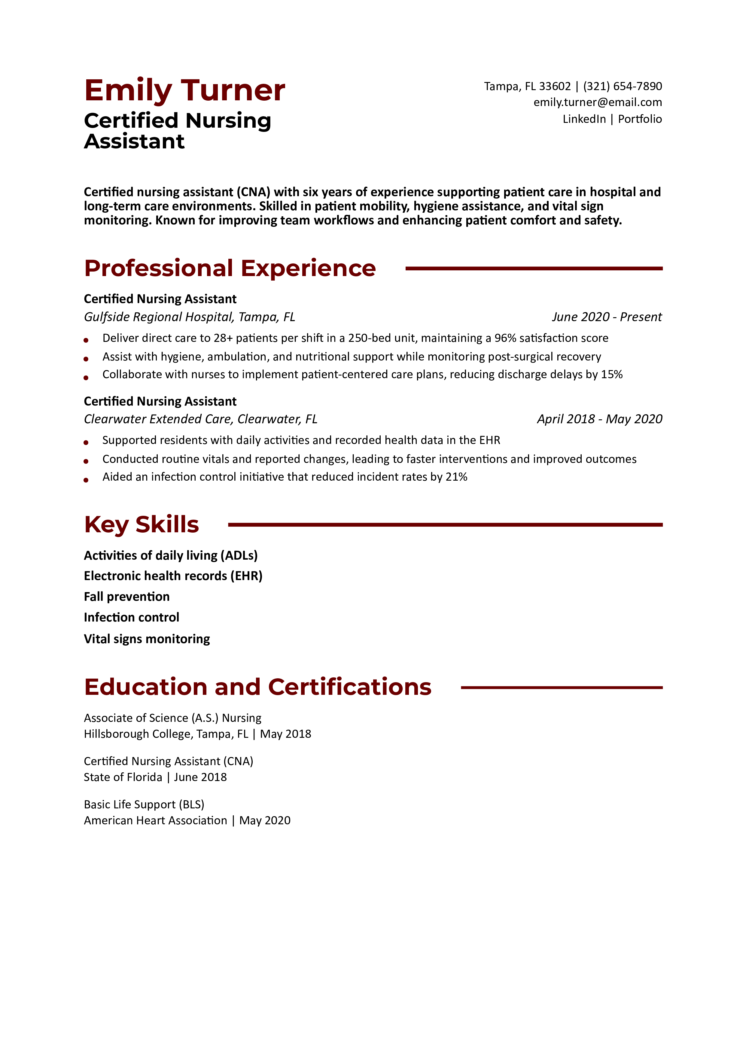 Certified Nursing Assistant Resume Example