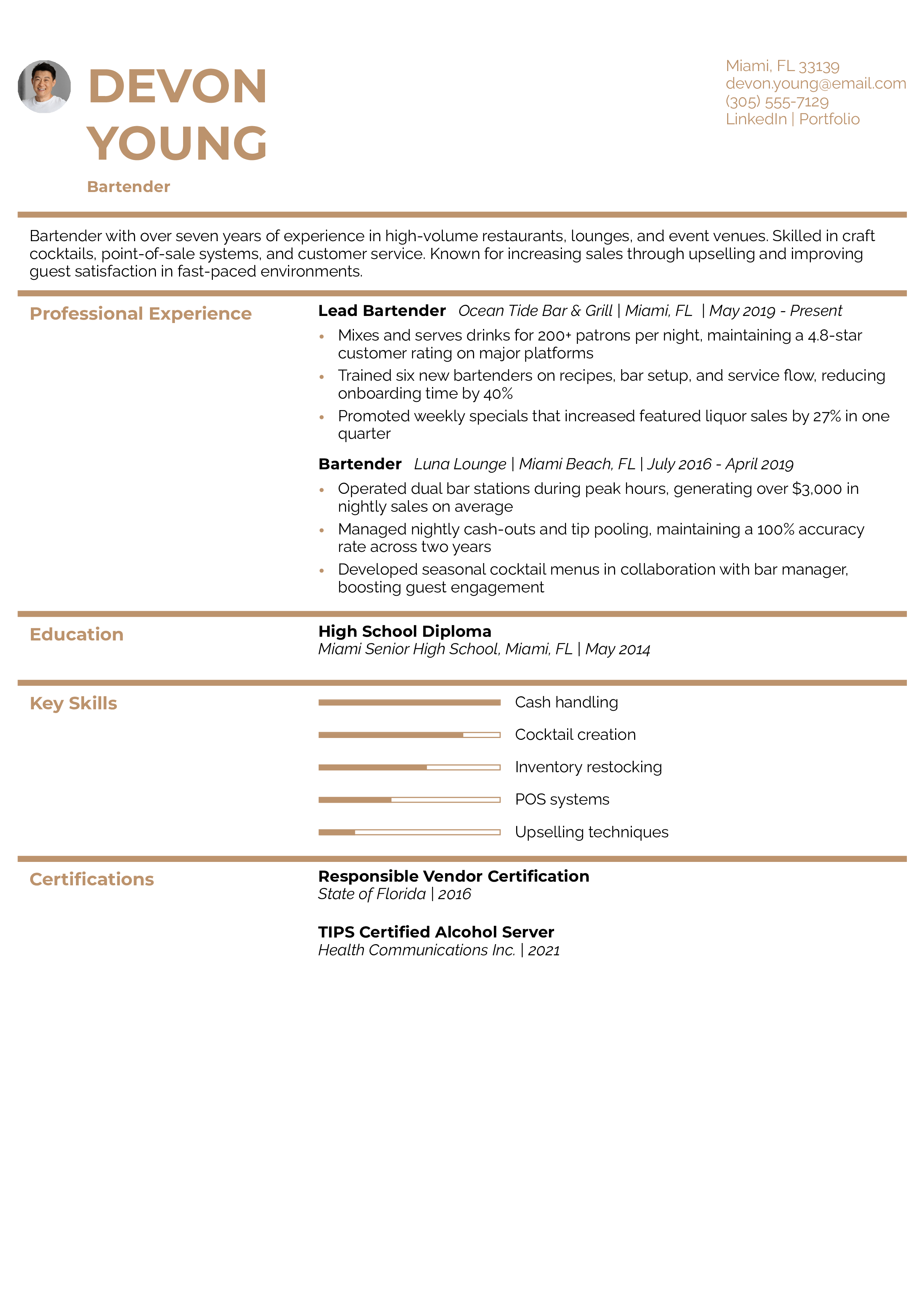 Bartender Resume Example