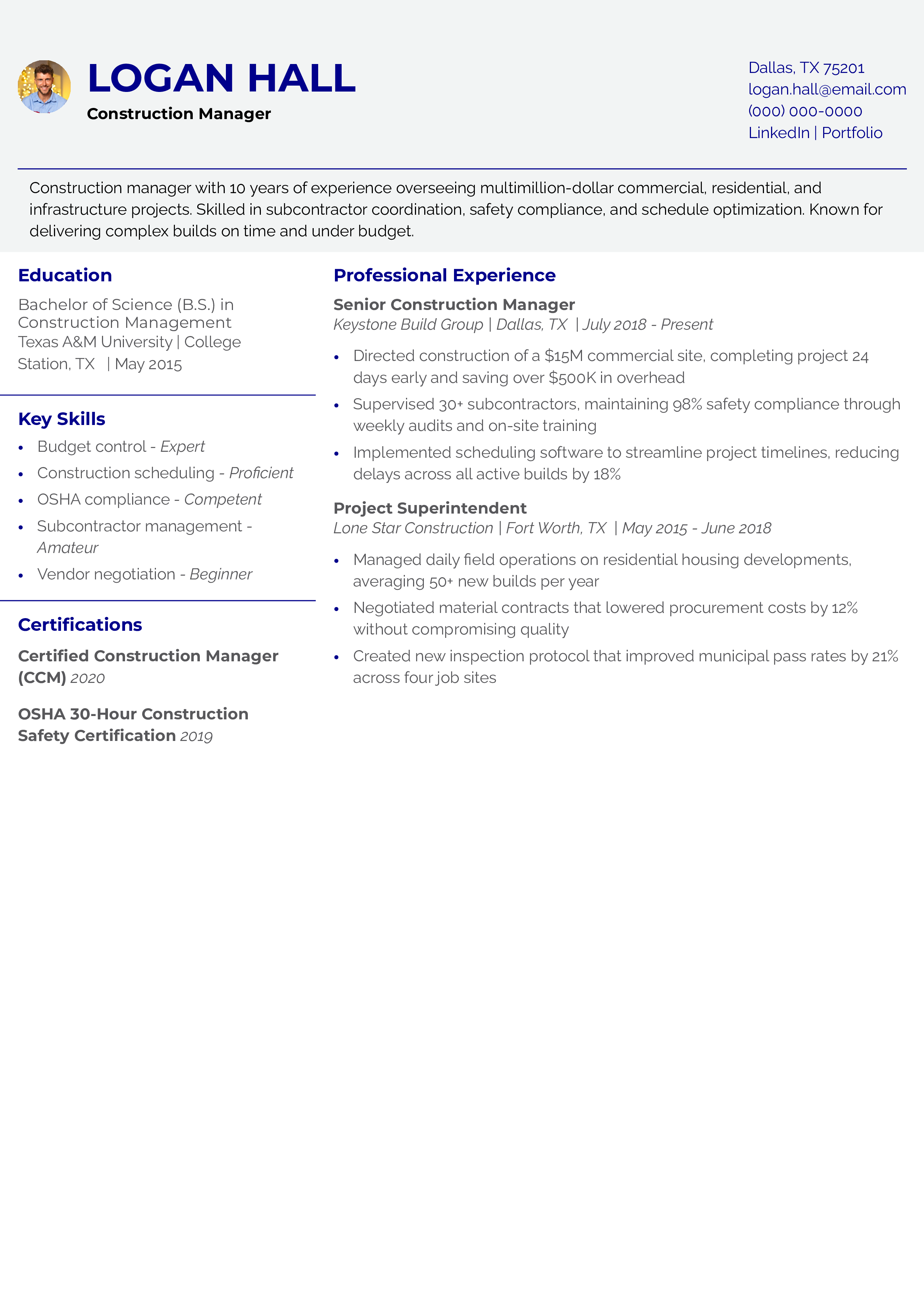 Construction Manager Resume Example