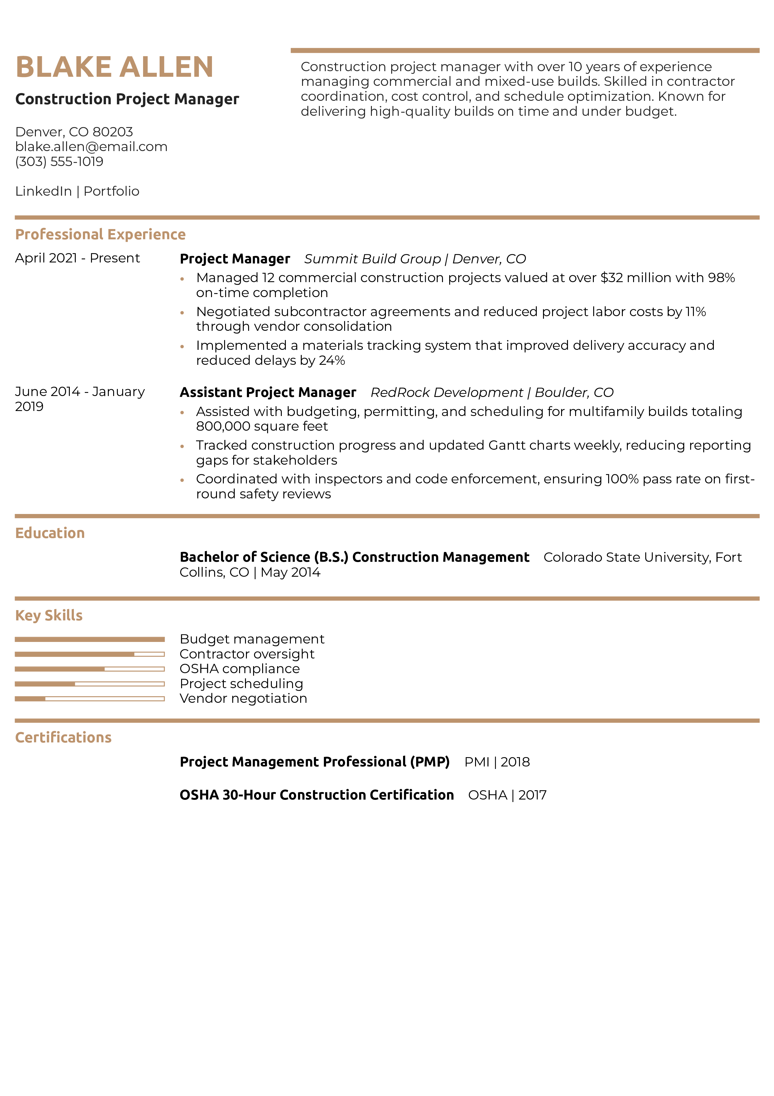 Construction Project Manager Resume Example