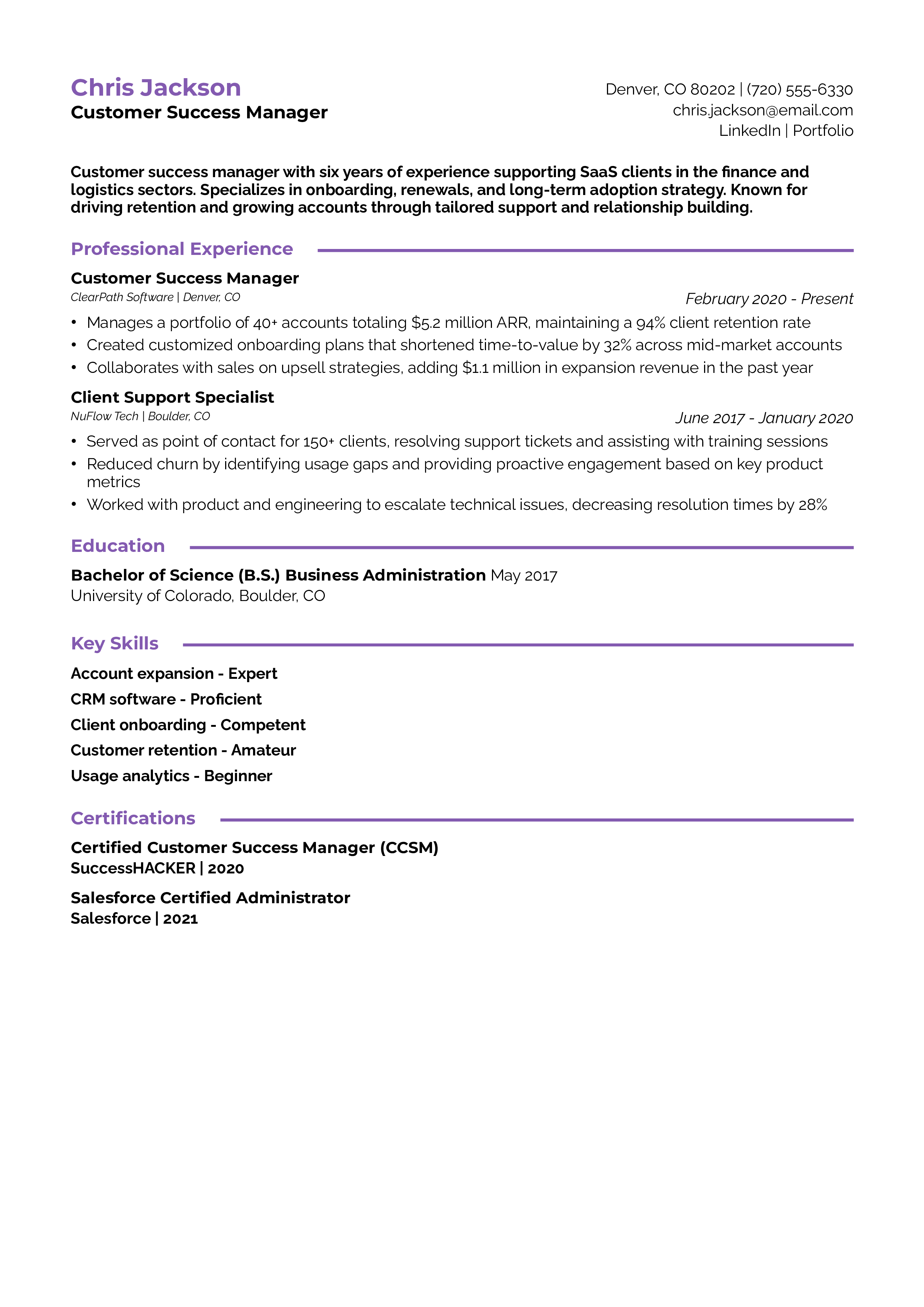 Customer Success Manager Resume Example