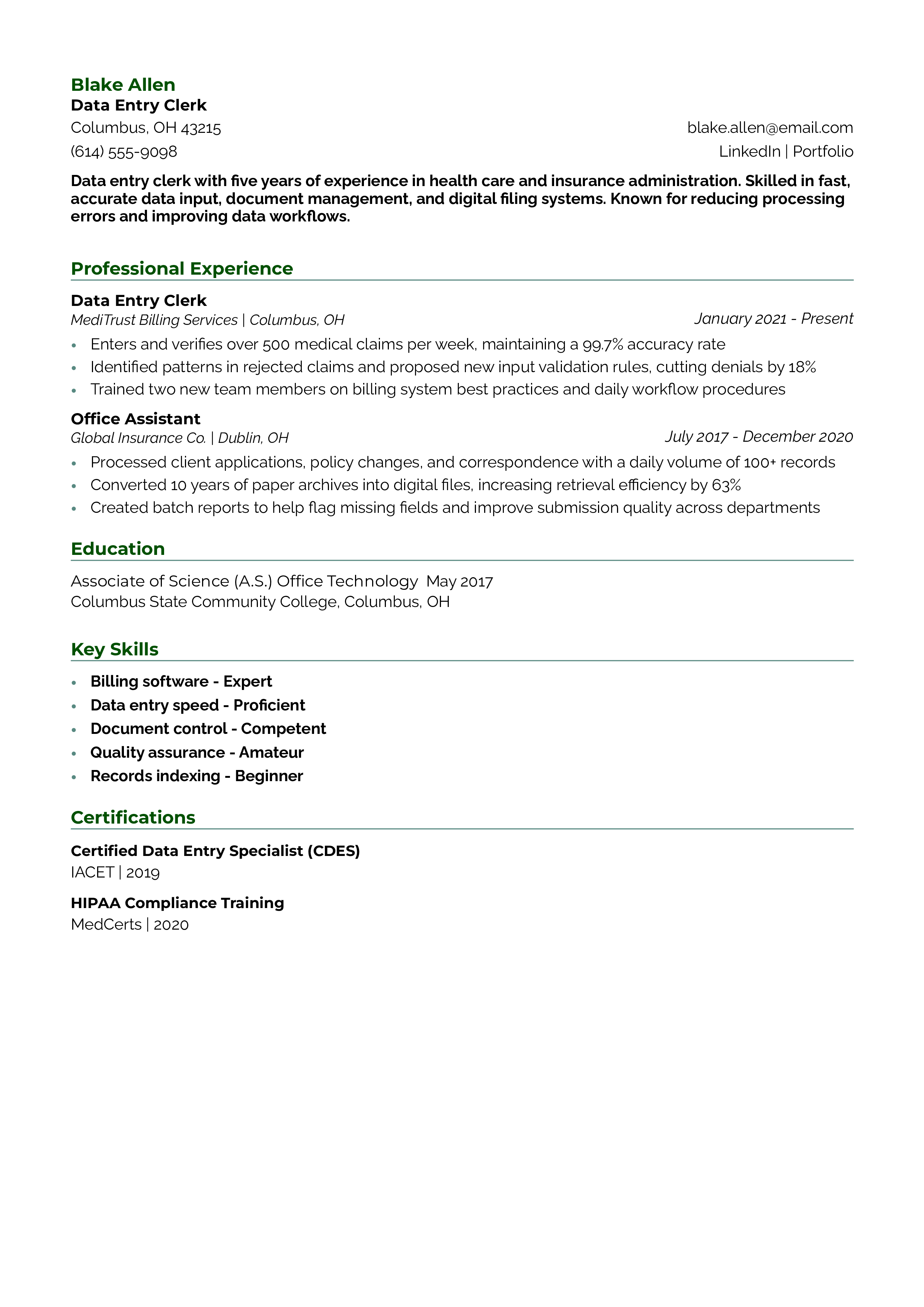Data Entry Clerk Resume Example