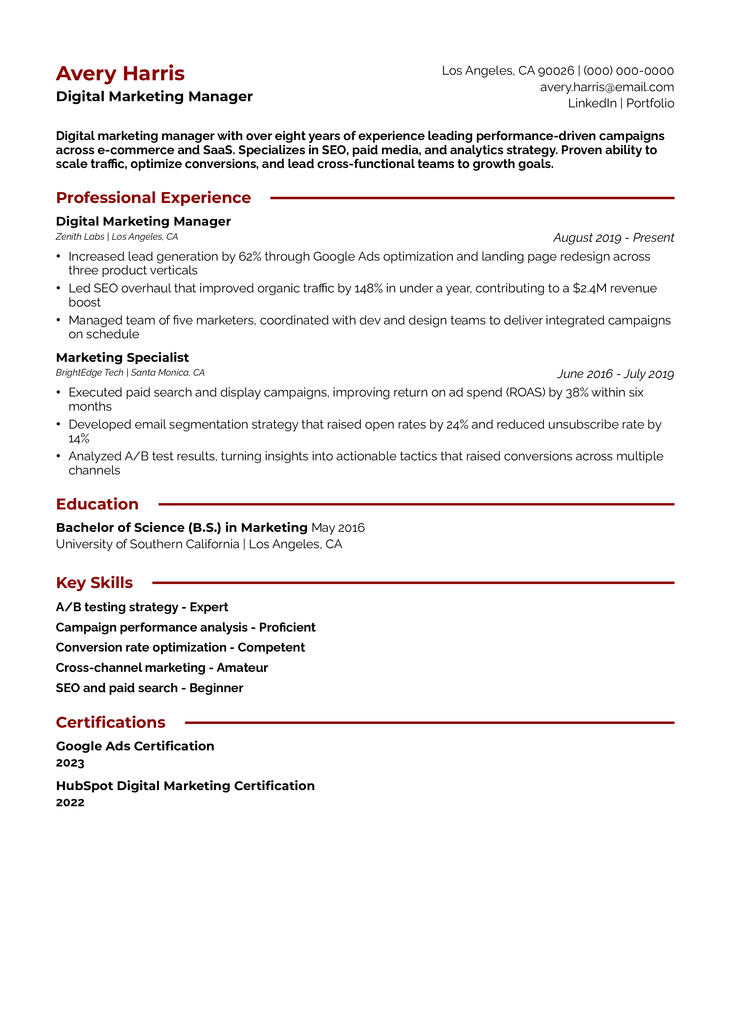 Digital Marketing Manager Resume Example