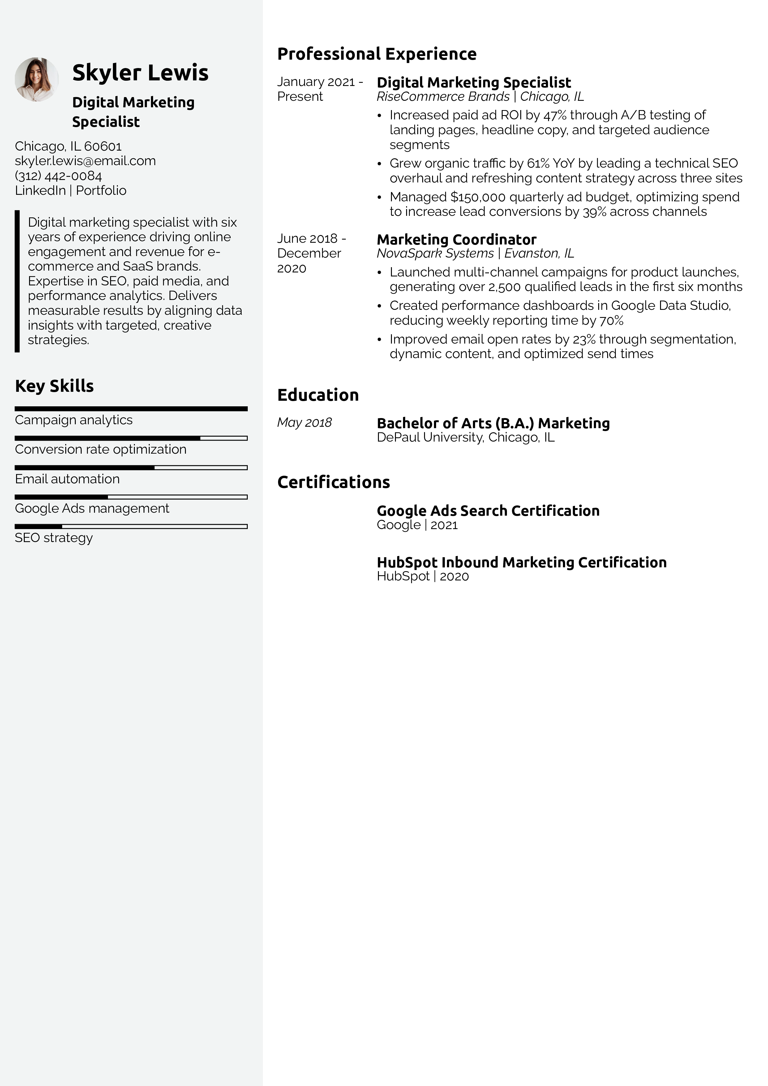 Digital Marketing Specialist Resume Example