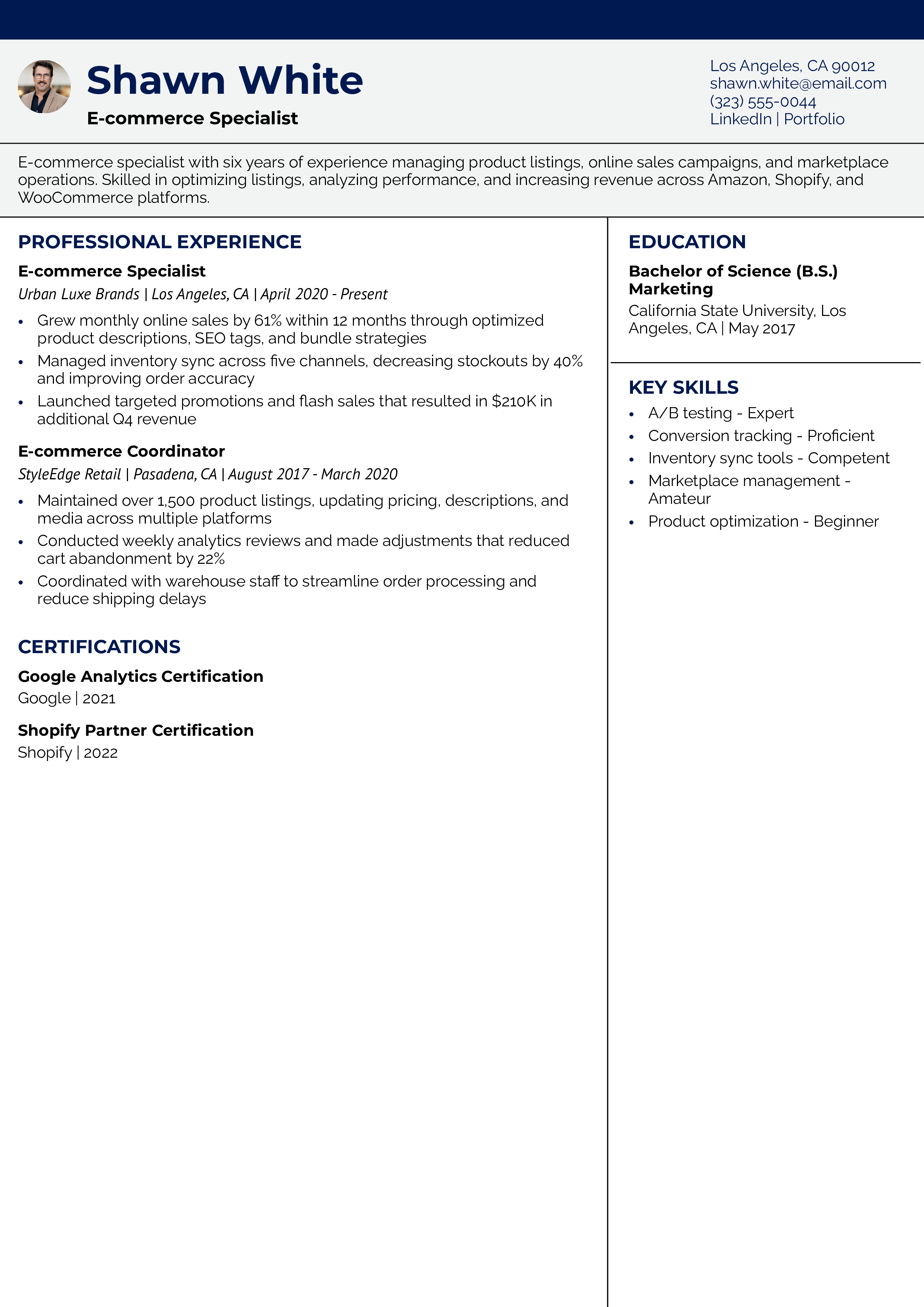 E-commerce Specialist Resume Example