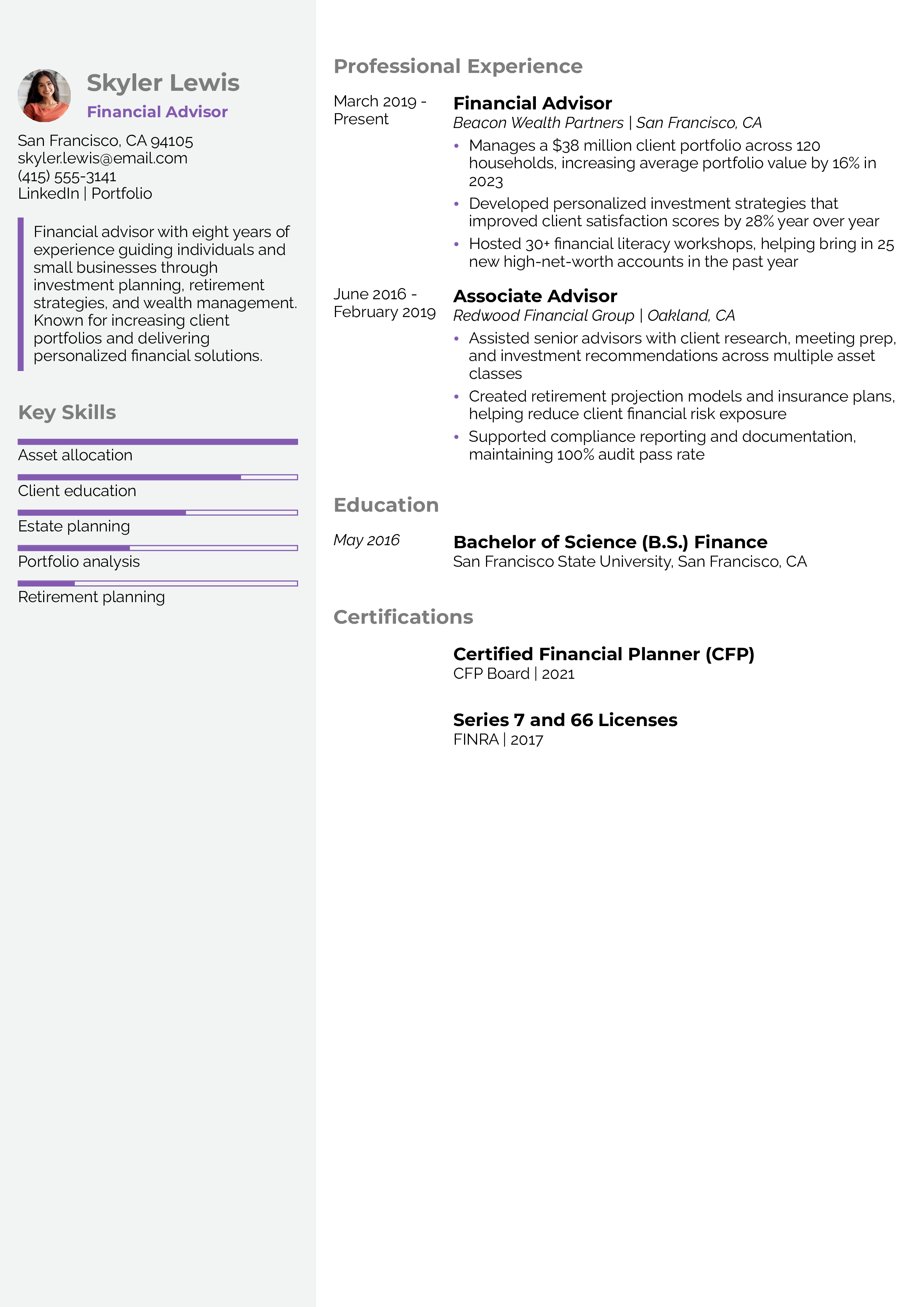 Financial Advisor Resume Example