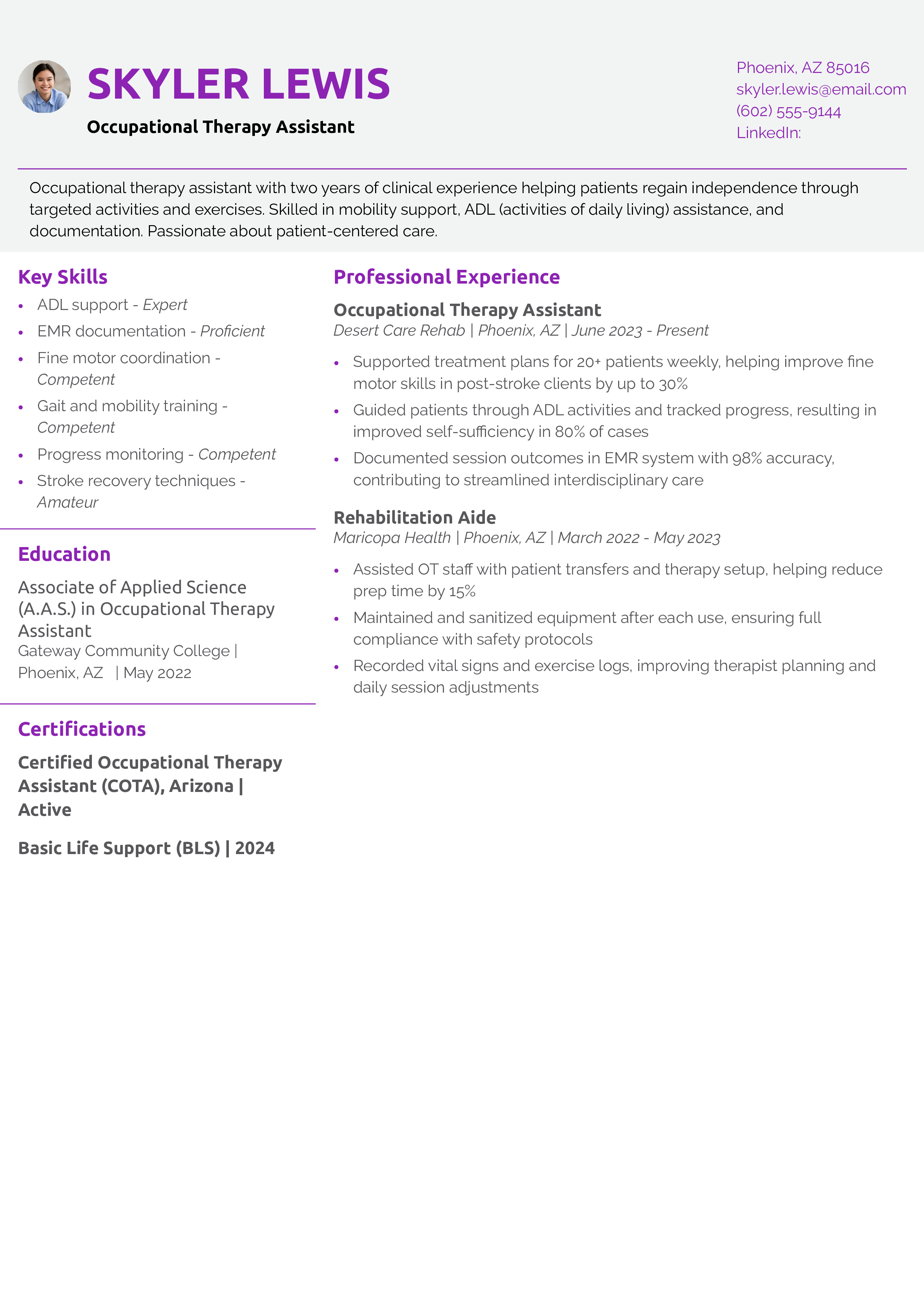 Occupational Therapy Assistant Resume Example