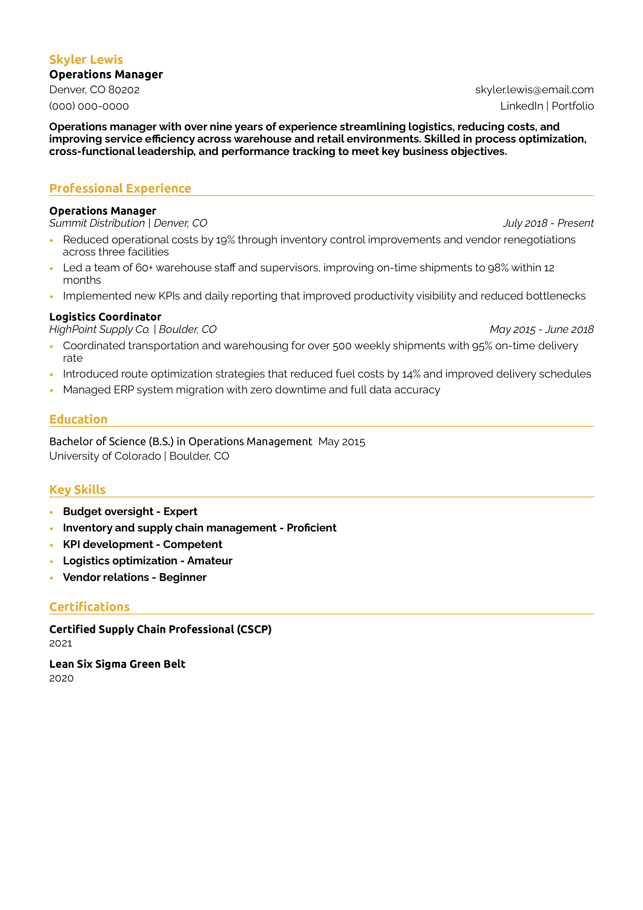 Operations Manager Resume Example