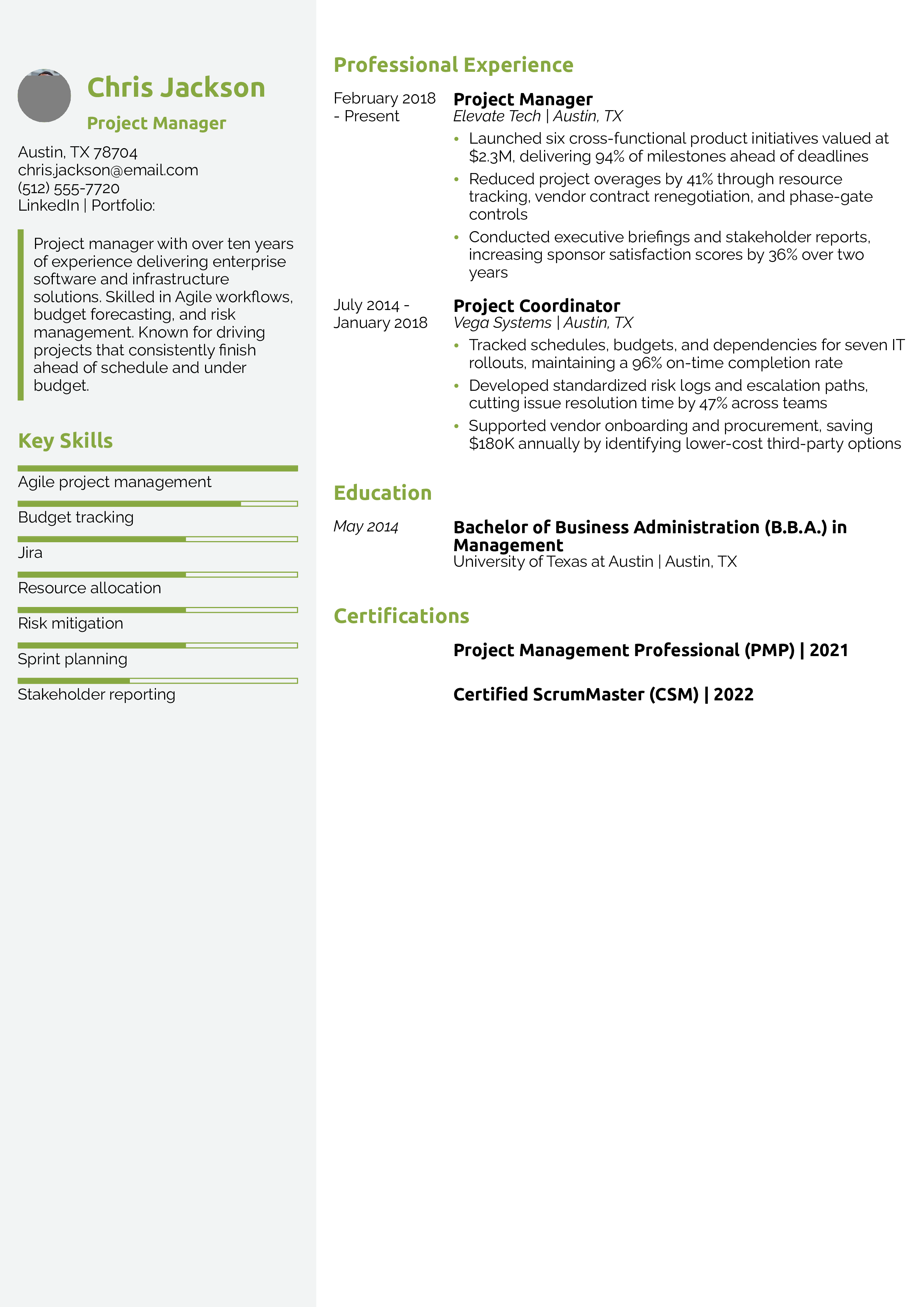 Project Manager Resume Example