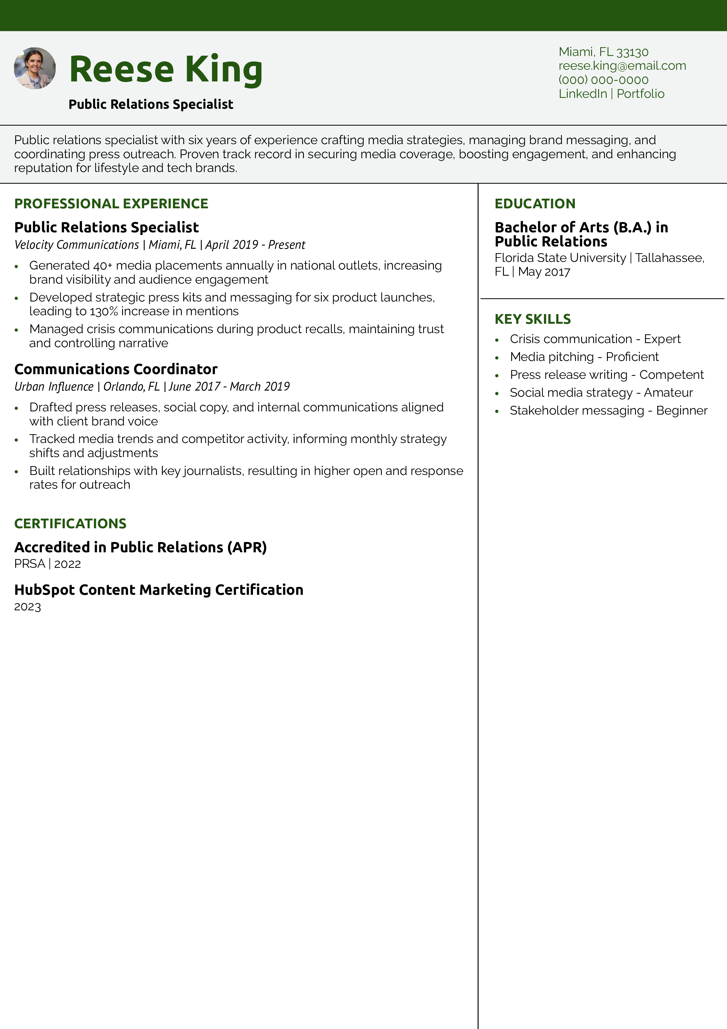 Public Relations Specialist Resume Example