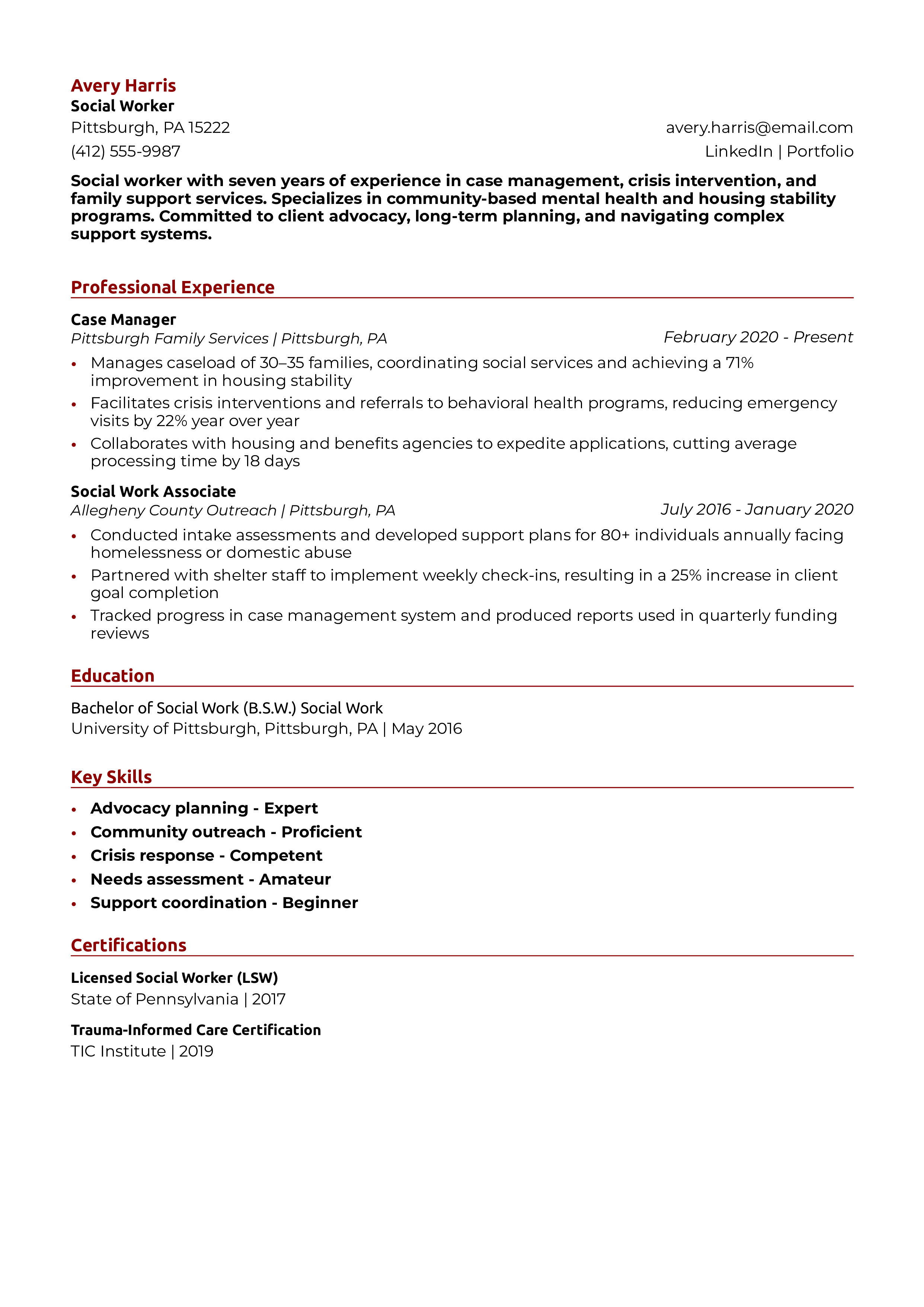 Social Worker Resume Example